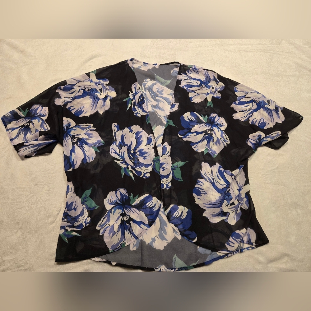 Floral Print Casual Half Sleeve Sheer Open Front Cardigan Size Large